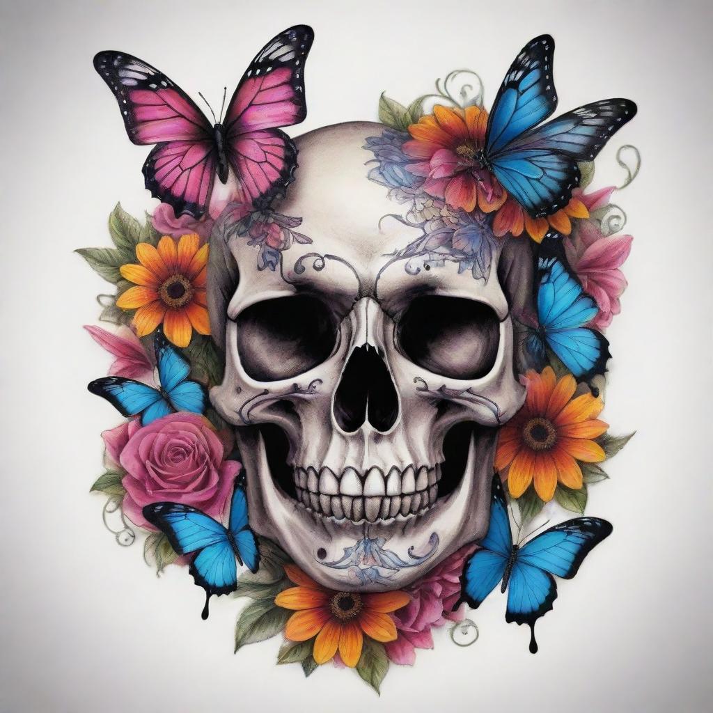 Design a tattoo featuring an artistic skull intertwined with vibrant butterflies and stunning flowers.