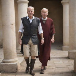 A lifelike portrayal of Joe Biden imagined as an Ancient Roman peasant, donning simple and worn-out clothing, immersed in a typical Roman environment.