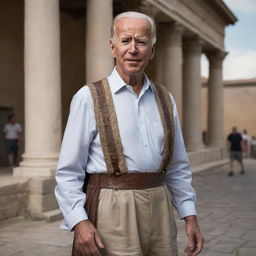 A lifelike portrayal of Joe Biden imagined as an Ancient Roman peasant, donning simple and worn-out clothing, immersed in a typical Roman environment.