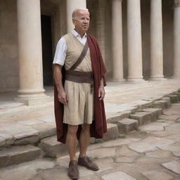 A lifelike portrayal of Joe Biden imagined as an Ancient Roman peasant, donning simple and worn-out clothing, immersed in a typical Roman environment.