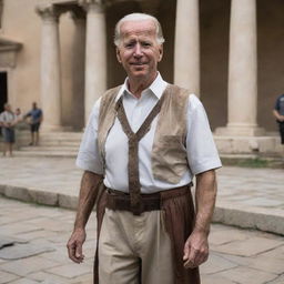 A lifelike portrayal of Joe Biden imagined as an Ancient Roman peasant, donning simple and worn-out clothing, immersed in a typical Roman environment.