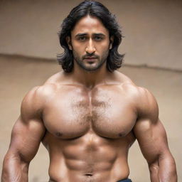 Indian actor Shaheer Sheikh as a muscular man, portrayed in natural lighting with sharp features and well-defined musculature