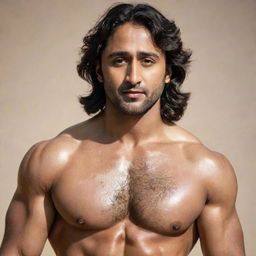 Indian actor Shaheer Sheikh as a muscular man, portrayed in natural lighting with sharp features and well-defined musculature