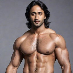 Indian actor Shaheer Sheikh as a muscular man, portrayed in natural lighting with sharp features and well-defined musculature