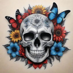 A carefully crafted tattoo design in black and white, featuring an intricate skull, surrounded by lifelike blue and red butterflies, contrasting black and white roses, and vibrant sunflowers.