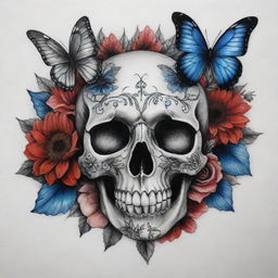 A carefully crafted tattoo design in black and white, featuring an intricate skull, surrounded by lifelike blue and red butterflies, contrasting black and white roses, and vibrant sunflowers.