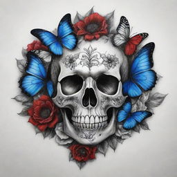 A carefully crafted tattoo design in black and white, featuring an intricate skull, surrounded by lifelike blue and red butterflies, contrasting black and white roses, and vibrant sunflowers.