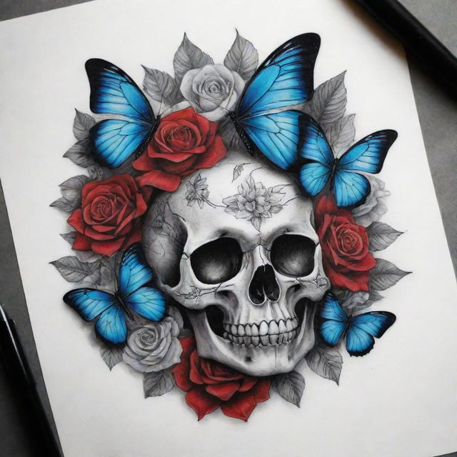 A carefully crafted tattoo design in black and white, featuring an intricate skull, surrounded by lifelike blue and red butterflies, contrasting black and white roses, and vibrant sunflowers.