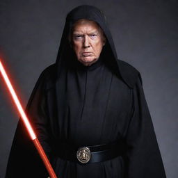 Donald Trump in the role of Darth Sidious from Star Wars, wearing a dark cloak and wielding a glowing red lightsaber.