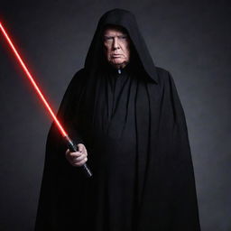 Donald Trump in the role of Darth Sidious from Star Wars, wearing a dark cloak and wielding a glowing red lightsaber.