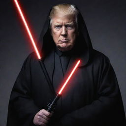 Donald Trump in the role of Darth Sidious from Star Wars, wearing a dark cloak and wielding a glowing red lightsaber.