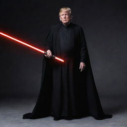 Donald Trump in the role of Darth Sidious from Star Wars, wearing a dark cloak and wielding a glowing red lightsaber.