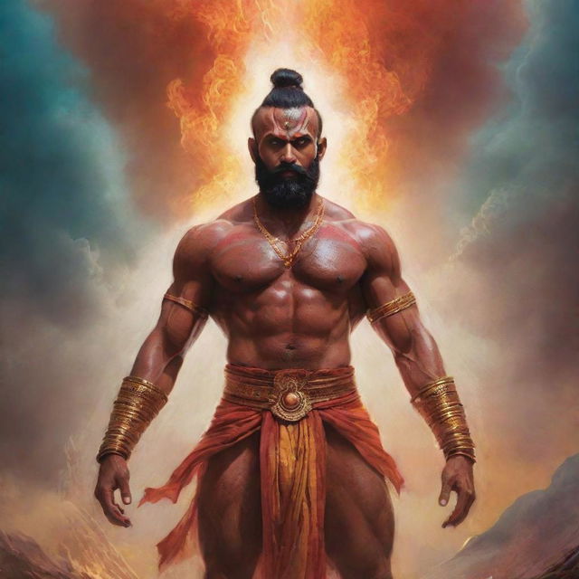 Lord Murugar, the Hindu god of war, depicted amidst a dramatic skyfall scenario with ethereal light and vivid colors