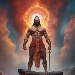 Lord Murugar, the Hindu god of war, depicted amidst a dramatic skyfall scenario with ethereal light and vivid colors