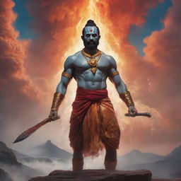 Lord Murugar, the Hindu god of war, depicted amidst a dramatic skyfall scenario with ethereal light and vivid colors