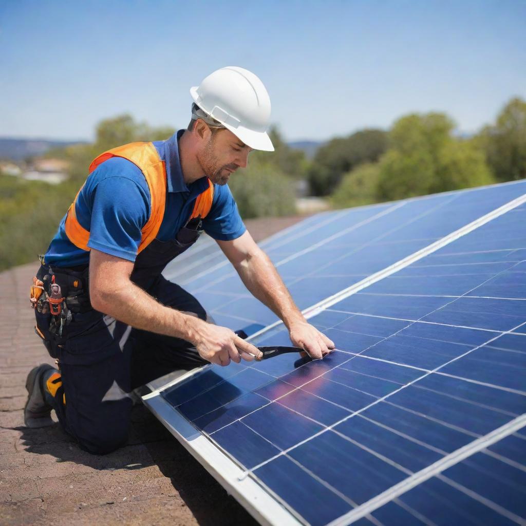 A professional solar installer man dressed in work attire, diligently installing a solar panel on a bright, sunny day.