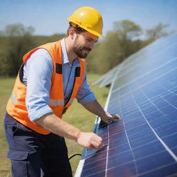 A professional solar installer man dressed in work attire, diligently installing a solar panel on a bright, sunny day.