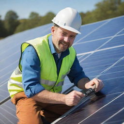 A professional solar installer man dressed in work attire, diligently installing a solar panel on a bright, sunny day.