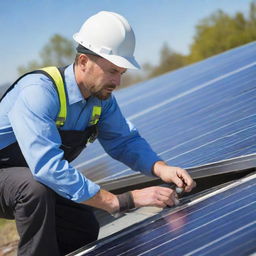 A professional solar installer man dressed in work attire, diligently installing a solar panel on a bright, sunny day.