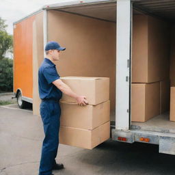 A professional removalist in uniform loading various boxed items into a large moving truck. The scene is set in bright daylight.