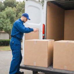 A professional removalist in uniform loading various boxed items into a large moving truck. The scene is set in bright daylight.