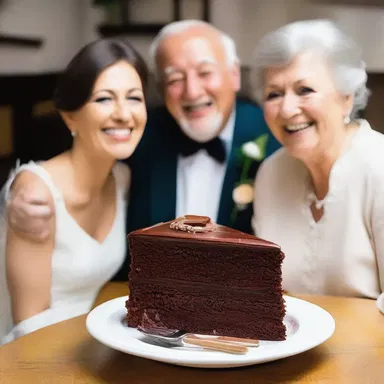 On their wedding anniversary, he surprised her with a chunk of chocolate cake.