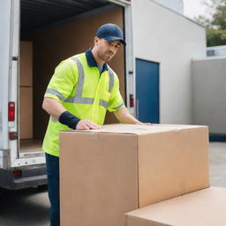 A professional removalist in uniform loading various boxed items into a large moving truck. The scene is set in bright daylight.