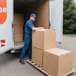 A professional removalist in uniform loading various boxed items into a large moving truck. The scene is set in bright daylight.