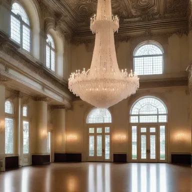 The exquisite chandelier illuminated the grand hall, reflecting light off the pearly white krill-like crystals.