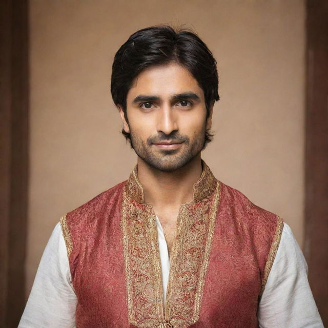 Harshad Chopda, an Indian actor, depicted as a Greek god with traditional attire and attributes