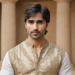 Harshad Chopda, an Indian actor, depicted as a Greek god with traditional attire and attributes