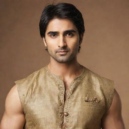 Harshad Chopda, an Indian actor, depicted as a Greek god with traditional attire and attributes