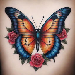 A stunning tattoo design of a butterfly, beautifully detailed with vibrant roses incorporated within its wings.