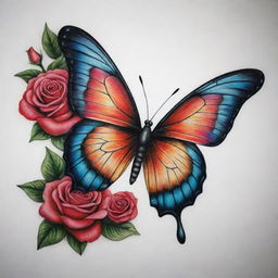 A stunning tattoo design of a butterfly, beautifully detailed with vibrant roses incorporated within its wings.