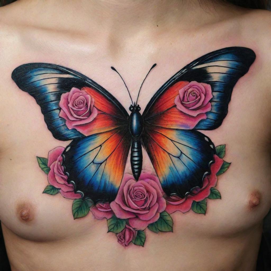 A stunning tattoo design of a butterfly, beautifully detailed with vibrant roses incorporated within its wings.