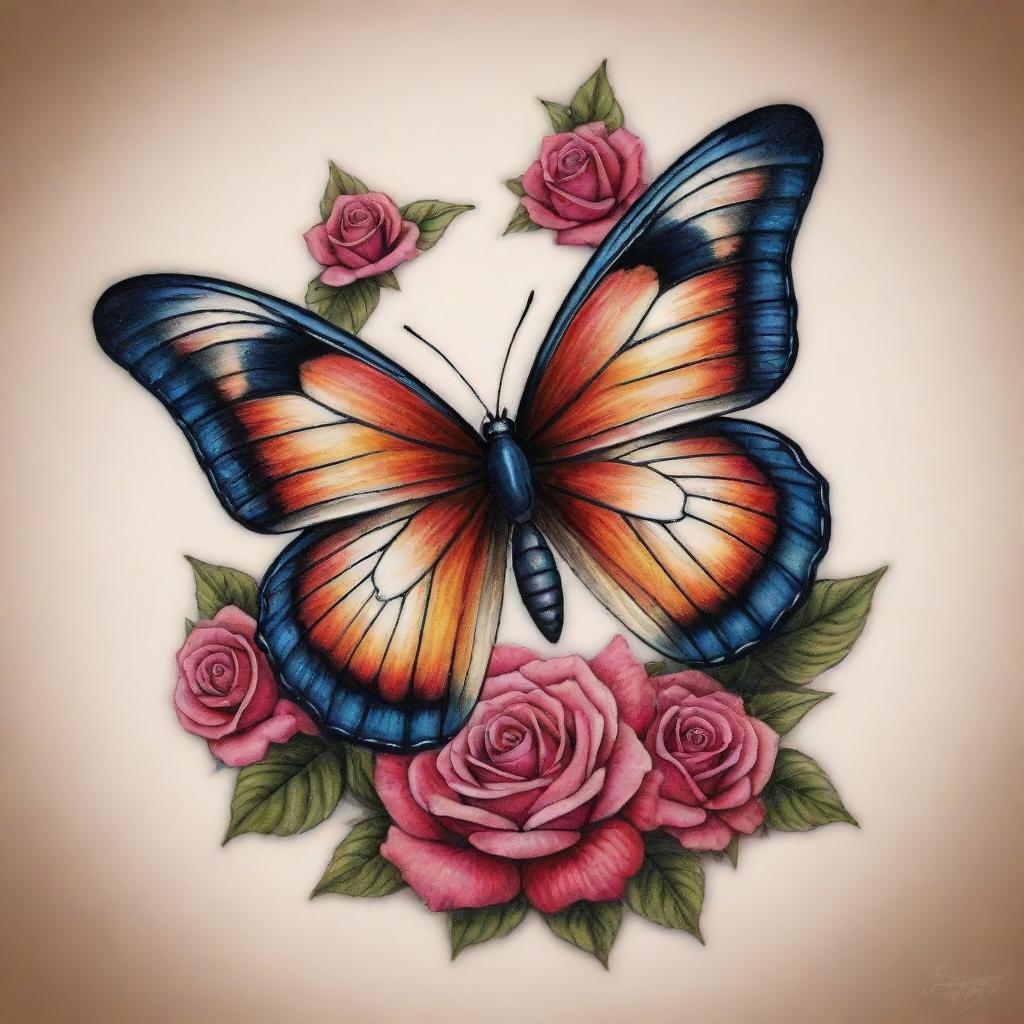 A stunning tattoo design of a butterfly, beautifully detailed with vibrant roses incorporated within its wings.