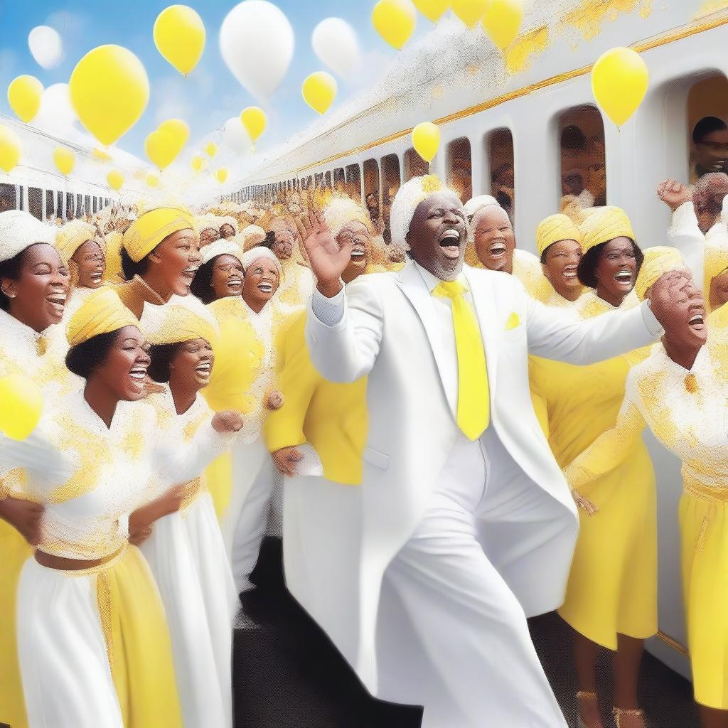 This is a high-quality digital art image featuring a pure white train, adorned with individuals dressed in yellow and white