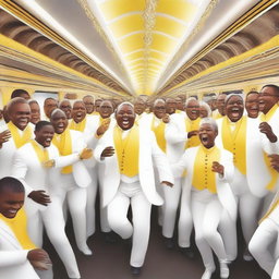 This is a high-quality digital art image featuring a pure white train, adorned with individuals dressed in yellow and white