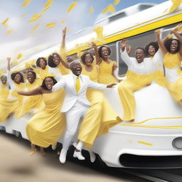 This is a high-quality digital art image featuring a pure white train, adorned with individuals dressed in yellow and white