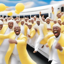 This is a high-quality digital art image featuring a pure white train, adorned with individuals dressed in yellow and white