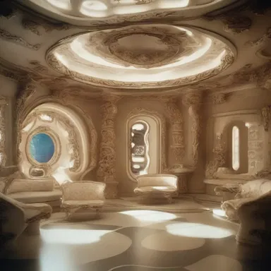 The rococo design elements in the spaceship interior gave it an otherworldly and futuristic feel in the science fiction movie.