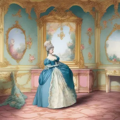 The exaggerated and whimsical rococo patterns in the background of the cartoon added a playful and exaggerated touch to the scene.