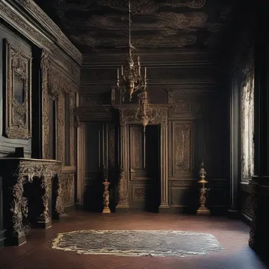 The eerie combination of dark colors and rococo ornamentation in the haunted mansion set the perfect atmosphere for the horror film.