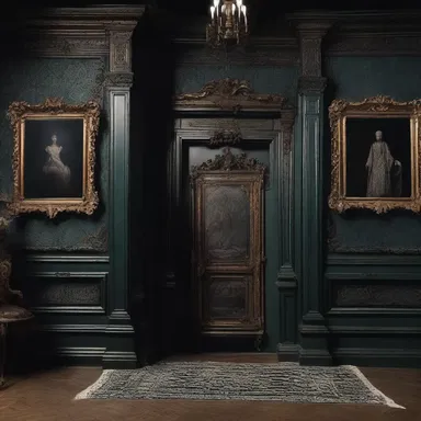 The eerie combination of dark colors and rococo ornamentation in the haunted mansion set the perfect atmosphere for the horror film.