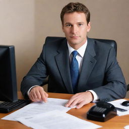 A confident salesman dressed in a suit, sitting at an office desk filled with a computer, papers, and telephone. Rendered in 32k high definition.