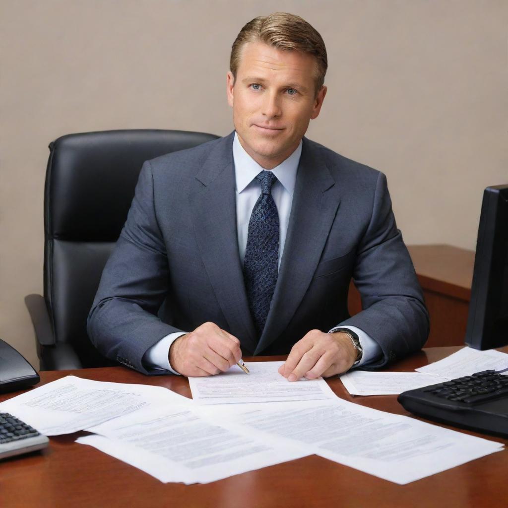 A confident salesman dressed in a suit, sitting at an office desk filled with a computer, papers, and telephone. Rendered in 32k high definition.