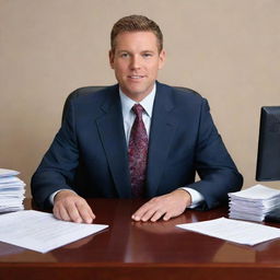 A confident salesman dressed in a suit, sitting at an office desk filled with a computer, papers, and telephone. Rendered in 32k high definition.