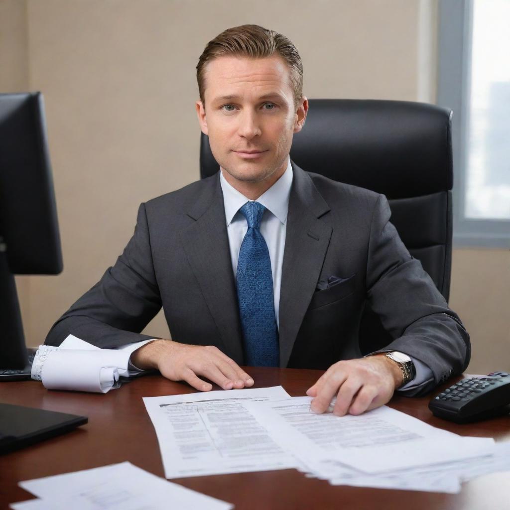 A confident salesman dressed in a suit, sitting at an office desk filled with a computer, papers, and telephone. Rendered in 32k high definition.