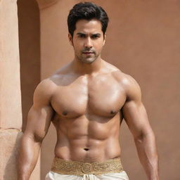 Varun Dhawan, an Indian actor, portrayed as a muscular Greek god with traditional attire and features