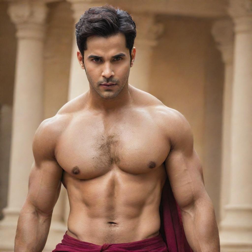 Varun Dhawan, an Indian actor, portrayed as a muscular Greek god with traditional attire and features